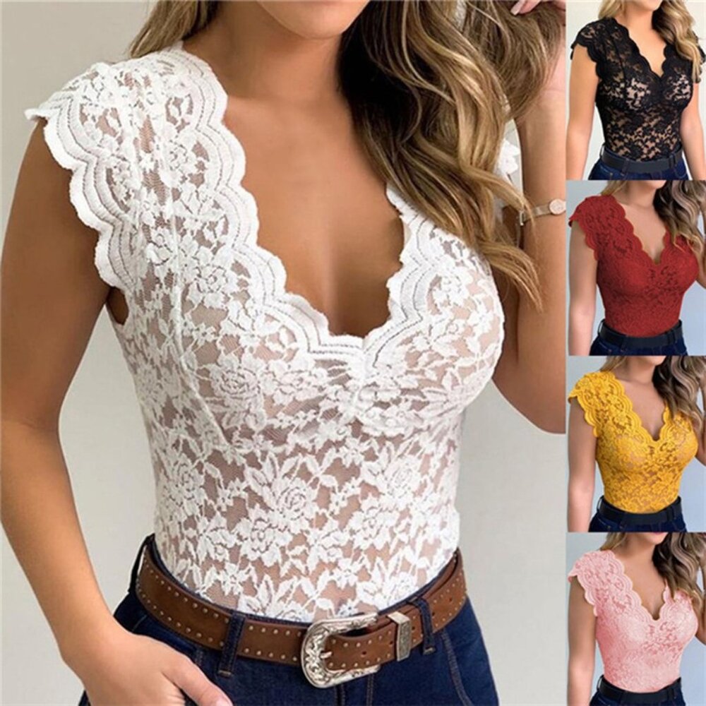2/$45 White Floral Lace Top Scalloped V Neck Neckline Sleeveless Sheer Slim Fit